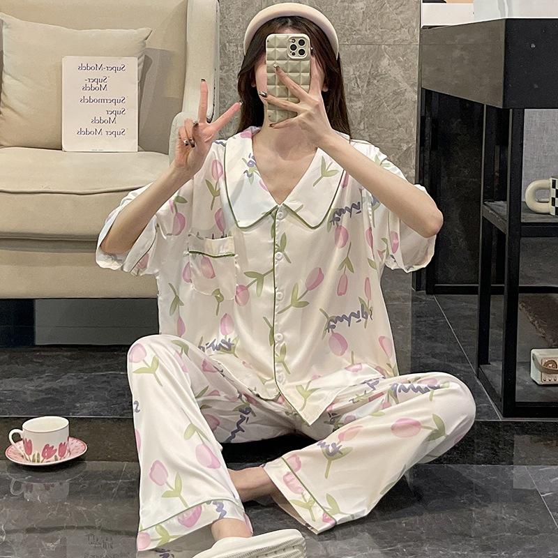 Women'S Pajamas Summer Cardigan Sweet And Gentle Tulip Short-Sleeved Trousers Loose Large-Size Loungewear Can Be Worn Outside