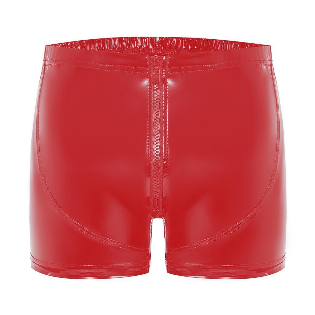 Mens Lingerie Latex Patent Leather Short Hot Pants Openable Crotch Boxer Underwear Elastic Waist Zipper Button Shorts NightwearGood product