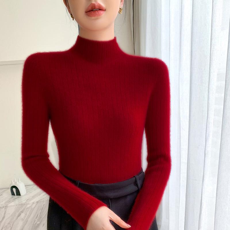 Premium Cashmere Rib-Knit Women's Slim-Fit Warm Sweater - Semi-High Neck, Thickened for Autumn & Winter.