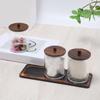 Round Cosmetic Organizers With Natural Wooden Top Transparent Bathroom Storage Container with Wooden Tray