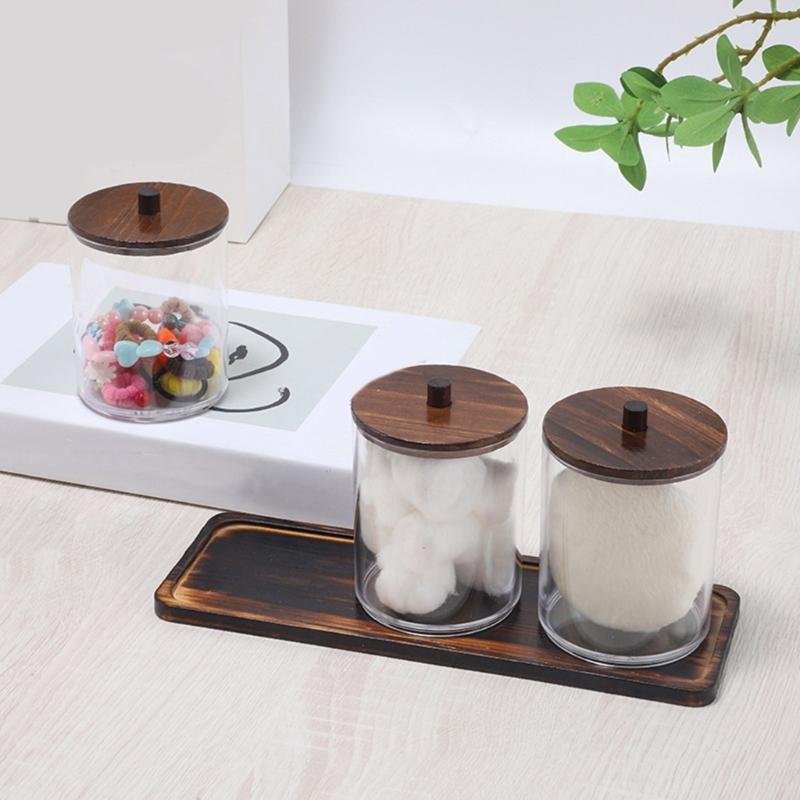 Round Cosmetic Organizers With Natural Wooden Top Transparent Bathroom Storage Container with Wooden Tray