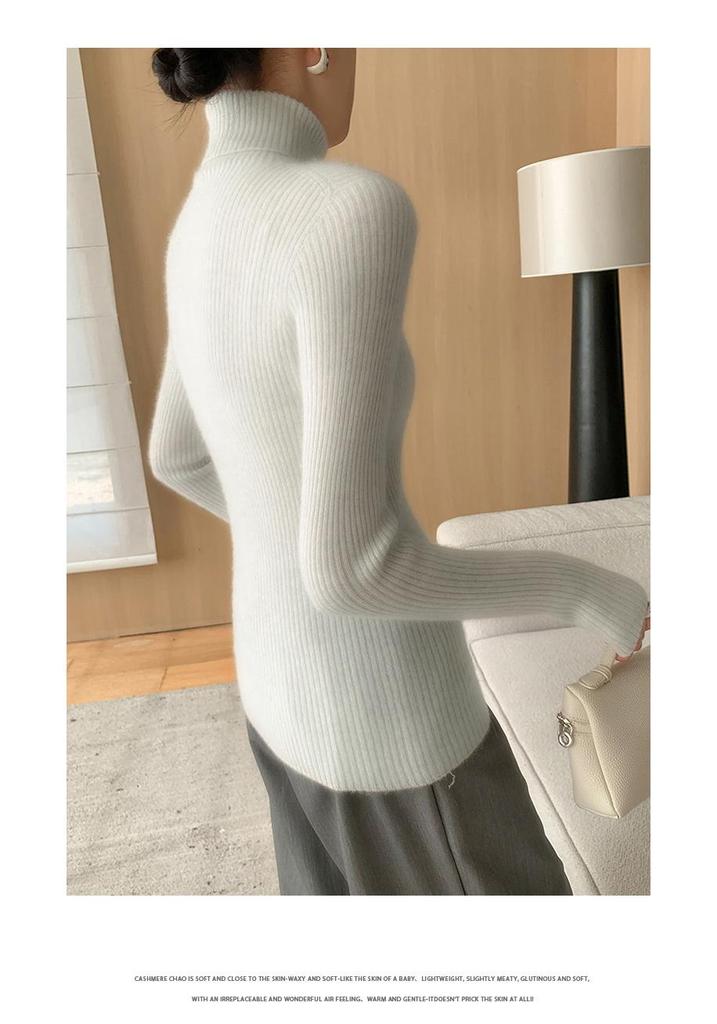 Women's Seamless Cashmere High-Neck Ribbed Sweater, Slim Fit, Body-Shaping, Slouchy Neck, Knit.