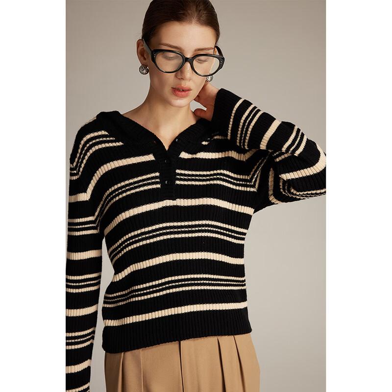 Women's Retro Color Block Ribbed Hooded Knit Sweater