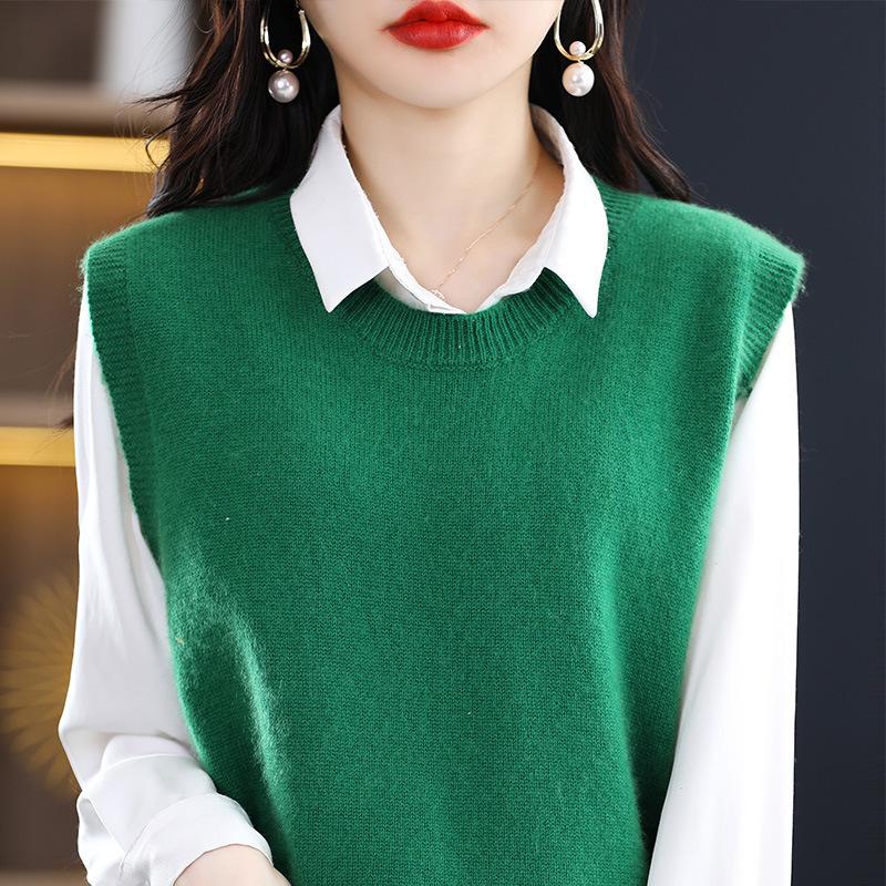 Plain Color Crew Neck Sweater Vest, Casual Versatile Sleeveless Knit Vest for Spring & Fall, Women's Clothing