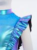 Kids Dance Shirt Metallic Mock Neck Mesh Patchwork Rhinestone Ruffle Crop Top with Press Buttons
