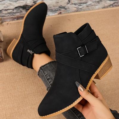 Big Size Women Pointed Toe Ankle Boots Chunky Heel Buckle Boots Side Zipper Retro Autumn Winter Designer Shoes Zapatos De Mujer