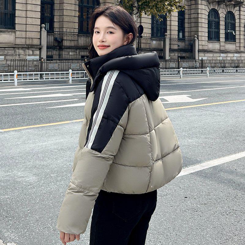 Manteau Court en Coton à Blocs de Couleurs Tendance pour Femmes à Capuche Ample Hiver Veste Coréenne Épais Vêtement d'Extérieur