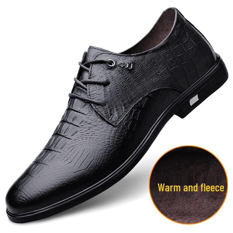 Men s Winter Crocodile Pattern Velvet-Lined Leather Shoes with Thick Soles - Versatile and Fashionable Autumn Lace-up Design 39