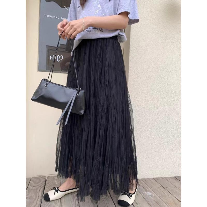 DIMANAF 2025 Spring Mesh Women New Skirts Solid Elastic Elegant White Pleated Skirts High Waist