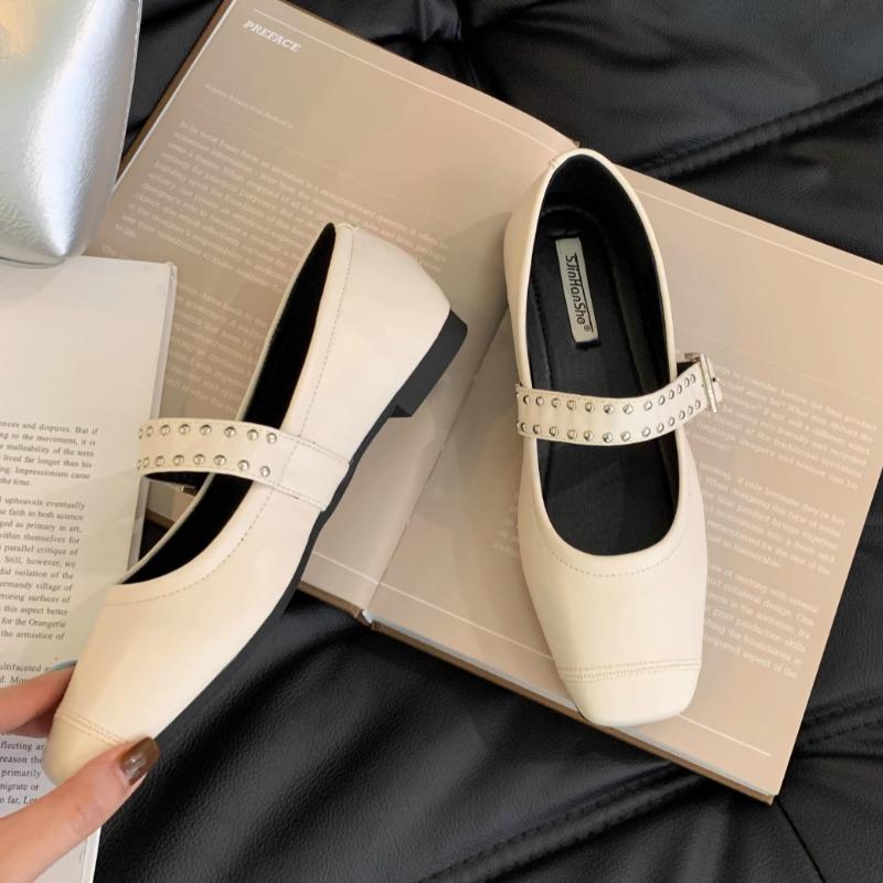Fashion Spring New Flat Shoes Women's Fashion Square Head Shallow Mouth Rivets Line with Soft Sole Non-slip Single Shoes