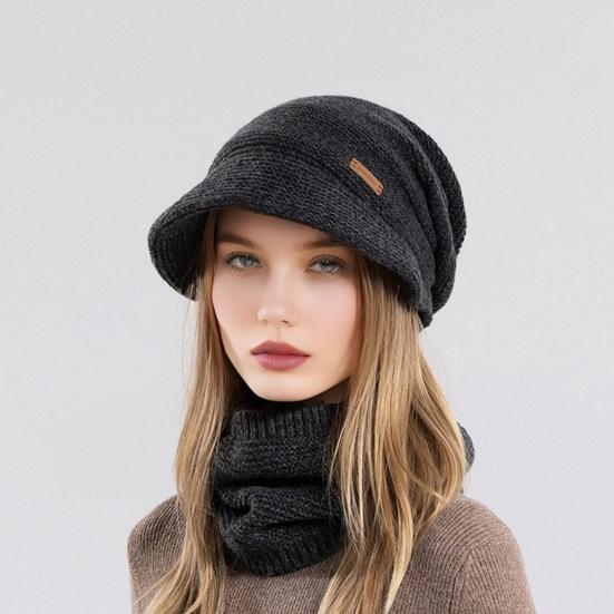 2Pcs/Set Women Winter Hat Scarf Set Solid Color Elastic Thickened Ear Protection Knitting Hat