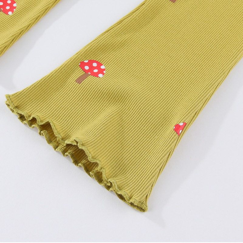 Girls' Leggings, Baby Bell-Bottom Pants, Casual Lazy Style, Mushroom Children's Elastic Waist, Slim Fit, Versatile Yellow Long Pants