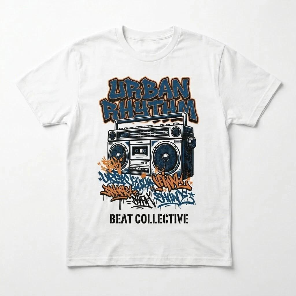 Urban Rhythm Boombox T-Shirt - Retro 80s 90s Hip Hop Streetwear Graphic Tee L