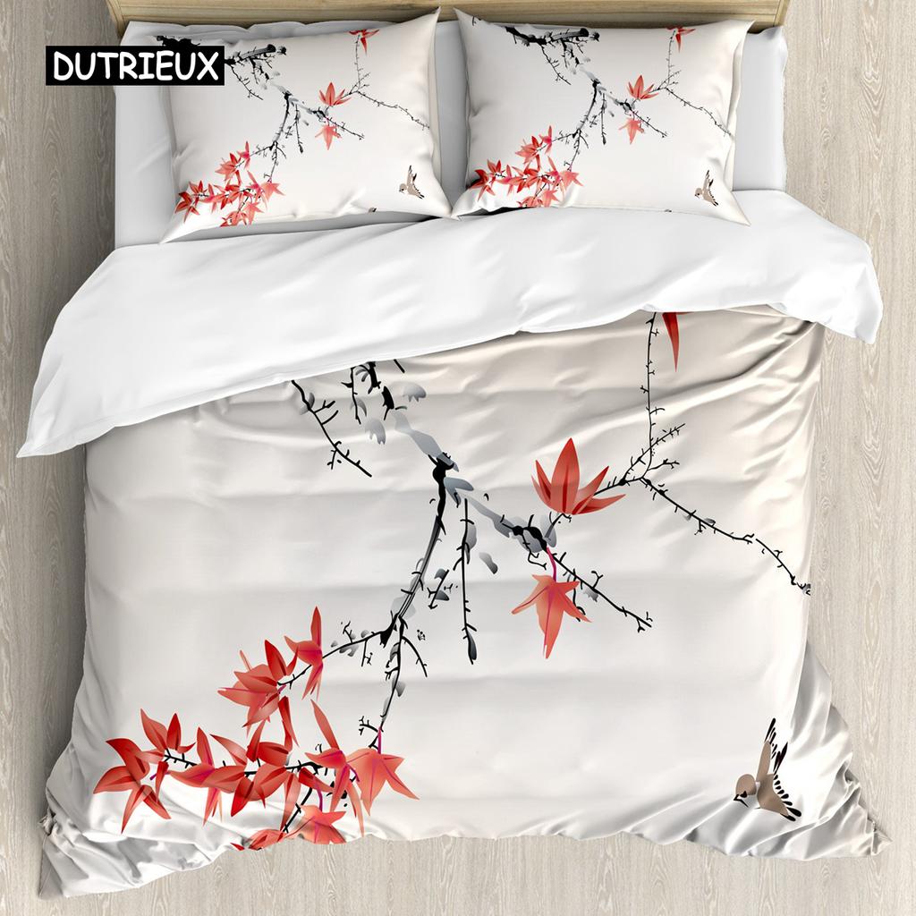 Japanese Duvet Cover Set Simplistic Cherry Blossom Tree Botanic Themed Pattern Fresh Organic Lines Bedding Set for Kids Girls