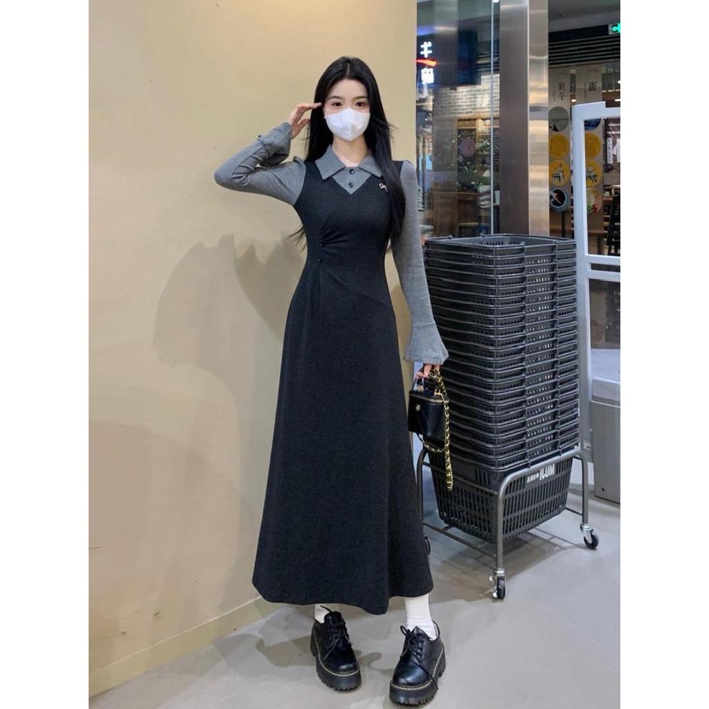 Elegant French Retro Faux Two-Piece Patchwork Dress for Curvy Women - Autumn/Winter Long Skirt.