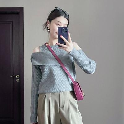Grau Off Schulter O Neck Langarm Stricken für Frauen Frühling und Herbst 2023 Solide Vielseitig Oberbekleidung Pullover Pullover Weibliche