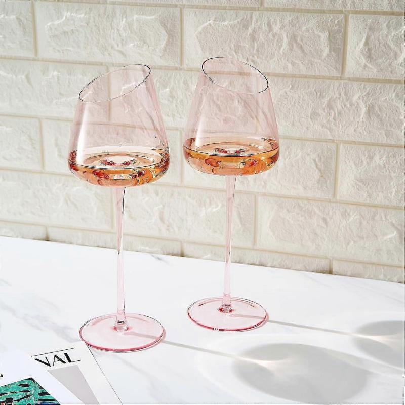 Pink Wine Glasses Set of 2 | 18oz Rose Blush Slanted Stemmed Glassware for Women, Gifts for Wife Girlfriend Birthday Wedding - JA