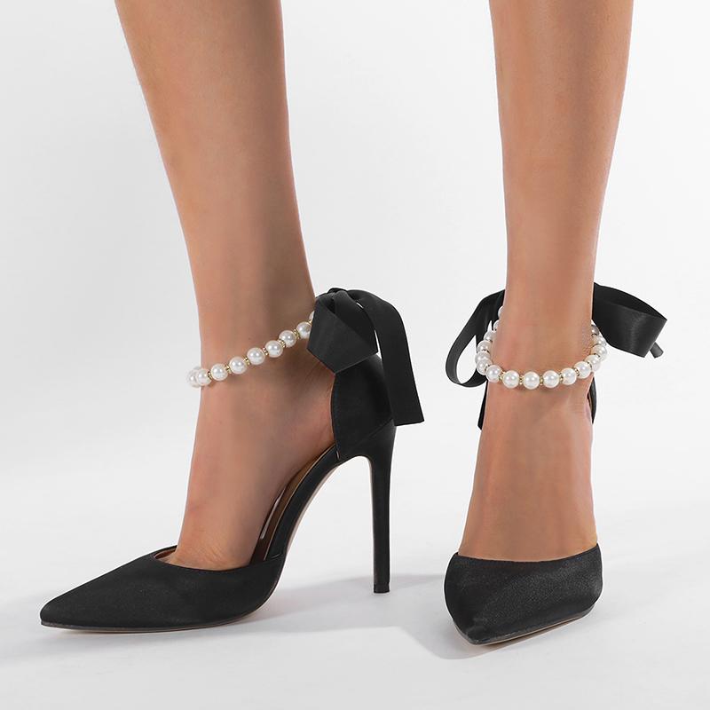 Pompi eleganți pentru femei, cu fundă din panglică de perle, sandale cu vârf ascuțit, tocuri înalte subțiri, pantofi de rochie pentru nuntă, banchet