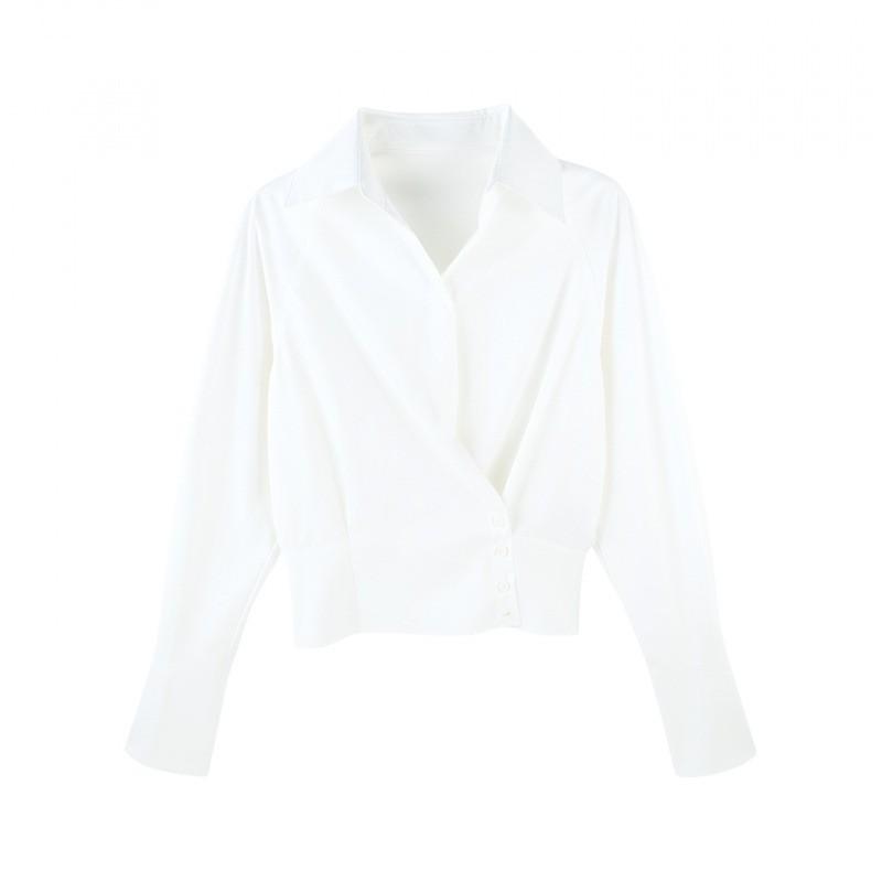 Womens Slim Fit Short Long Sleeve Shirt White Casual Office Blouse 2026 Elegant Pure Color Top