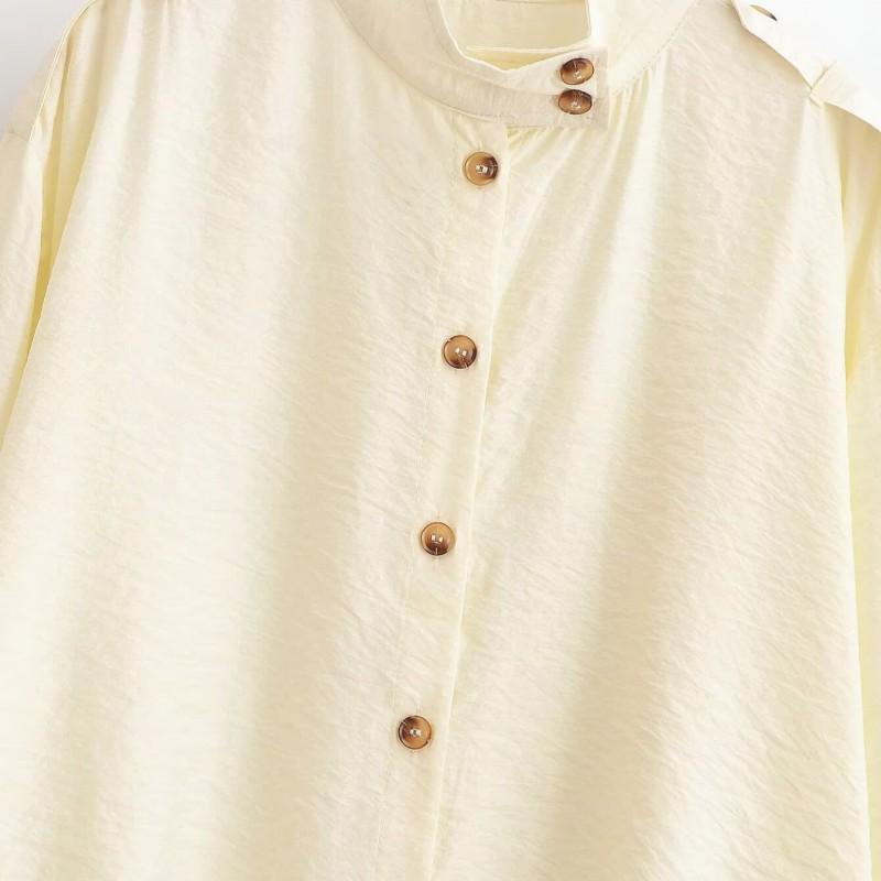 Womens Loose Fit Stand Collar Shirt 2026 Casual Long Sleeve Top Pure Color High Stretch