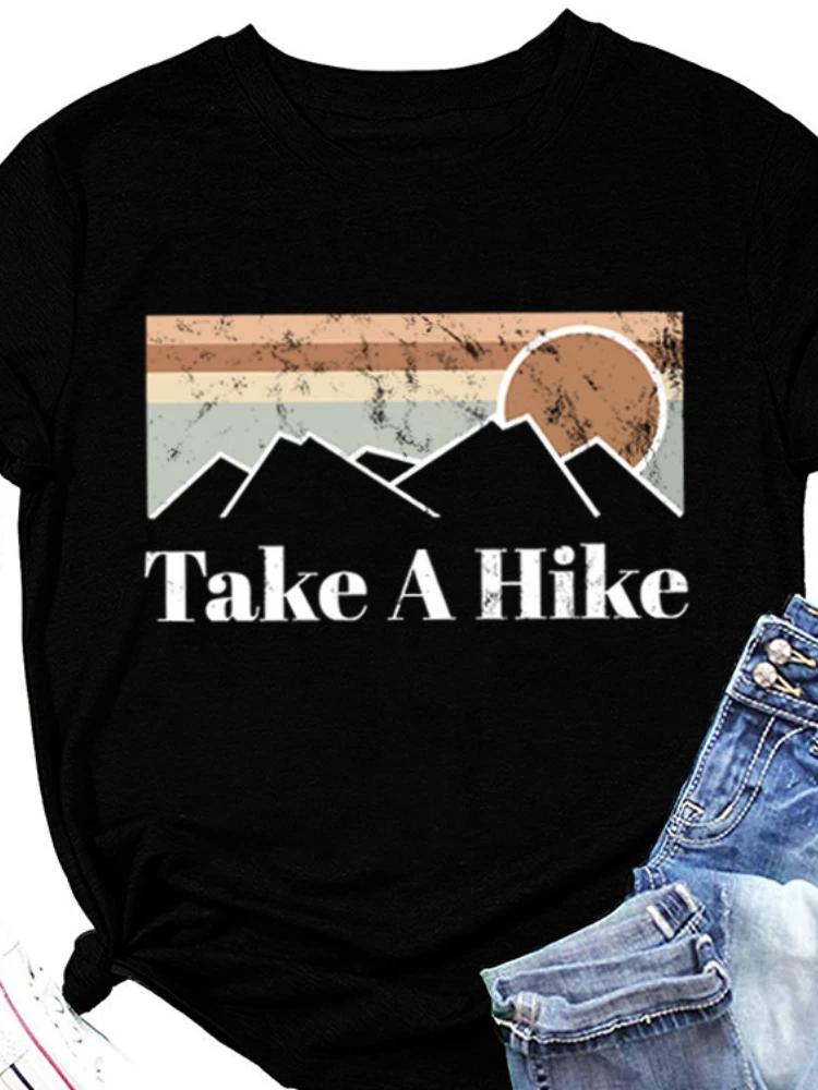 

Take A Hike Mountain Sunrise Print Women T Shirt Short Sleeve O Neck Loose Women Tshirt Ladies Tee Shirt Tops Camisetas Mujer XXXL небо синє кольору