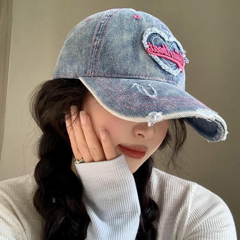 Casual Vintage Wash Denim Cap Women With Unique Distressed Look For Wear Daily