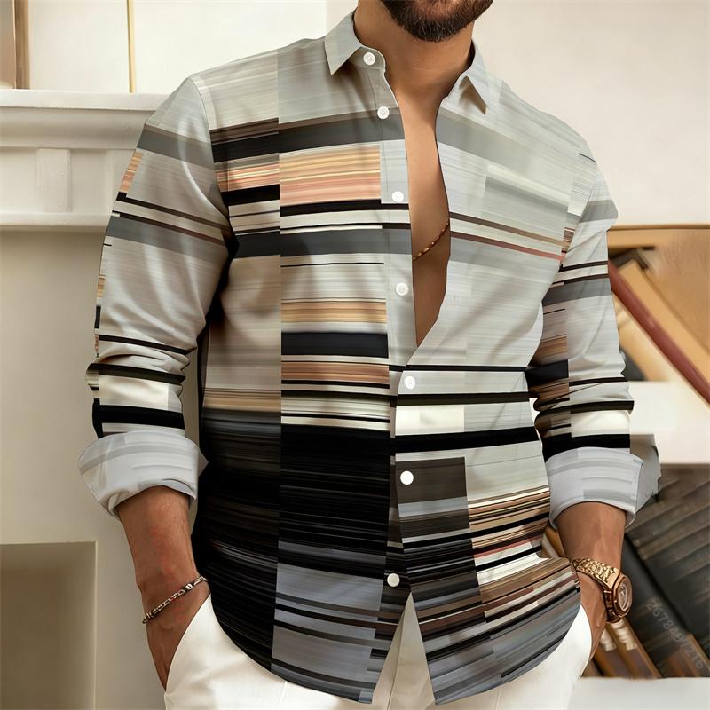 Nuova camicia da uomo a blocchi di colore patchwork a maniche lunghe, camicia casual da lavoro a righe geometriche, top da uomo slim-fit, taglie S-6XL.