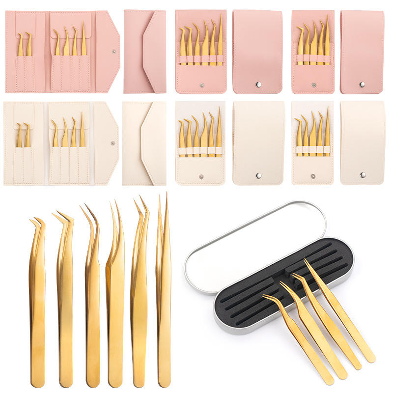 5/6PCS Portable Eyelash Extension Tweezers Set Professional Lash Tweezers Kit with Pouch for Beginners & Lash Artists