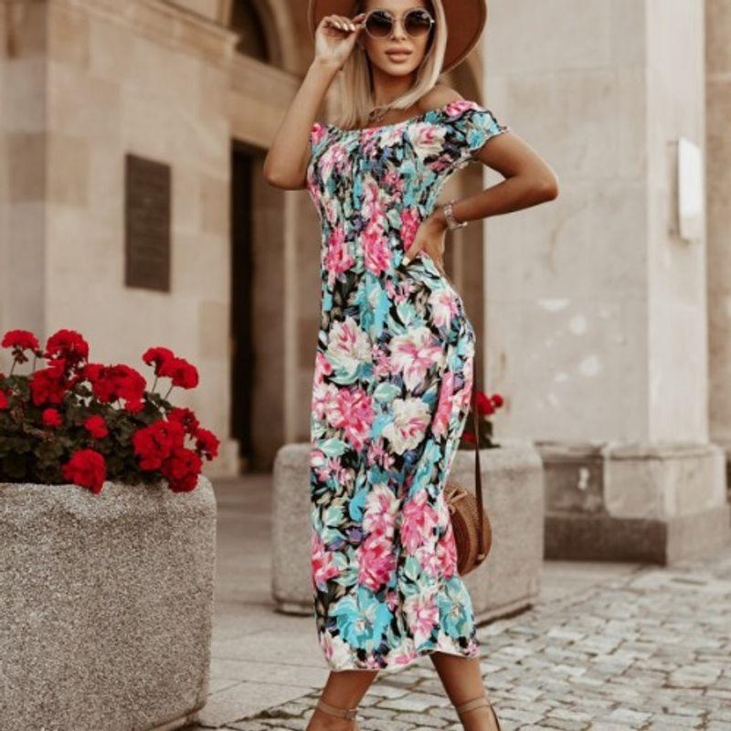 

Fashion Style Sexy off-Shoulder off-Shoulder Collar Tube Top Slim Fit Elasticated Waist Floral Short Sleeve Mid Length Long Length Dress Women Lake Blue 2XL