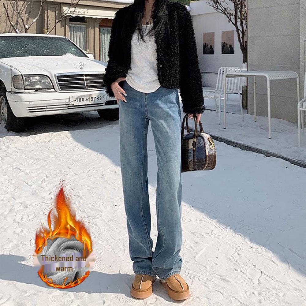 Women's High-Waist Wide-Leg Velvet Jeans: Warm, Slim Fit for Autumn & Winter