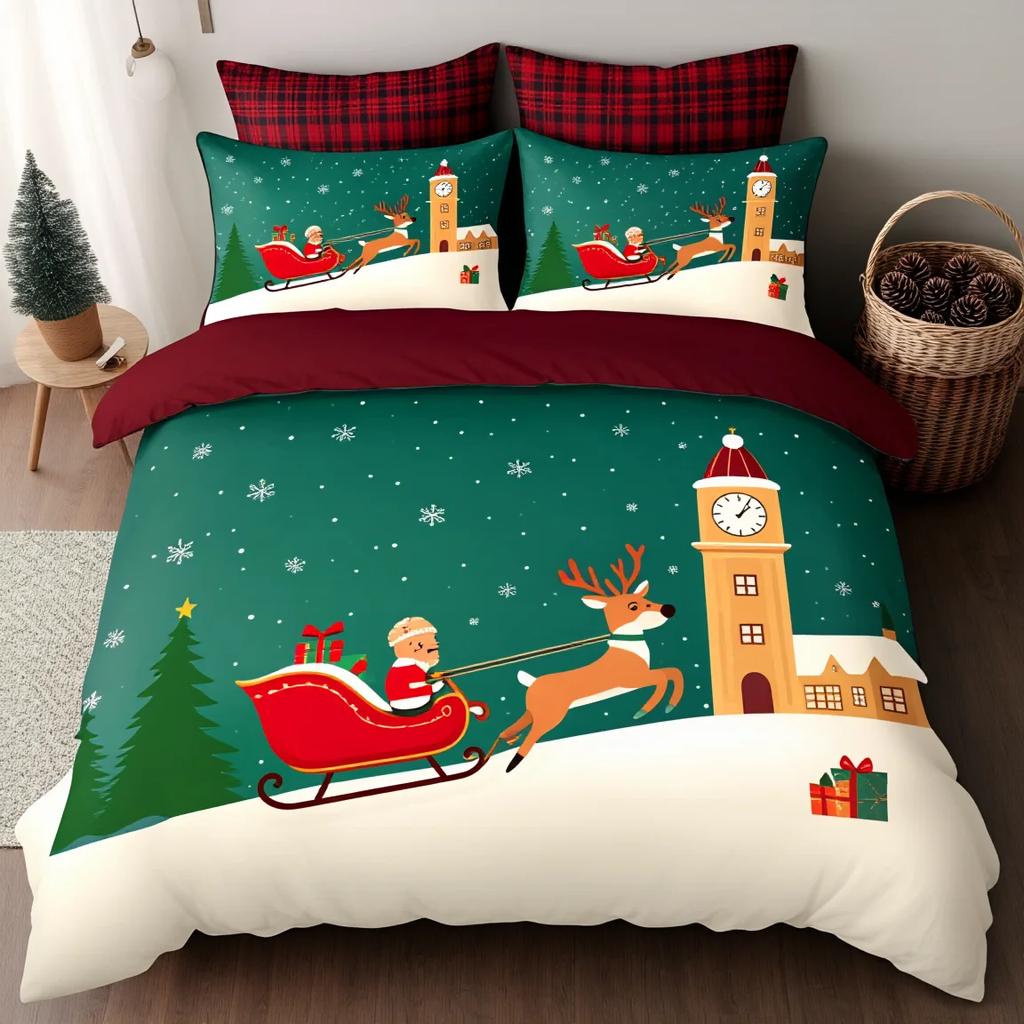 3Pcs Christmas Story Town Bedding Set Duvet Cover Warm Village Print Soft Polyester Queen Size Home Decor Holiday Gift