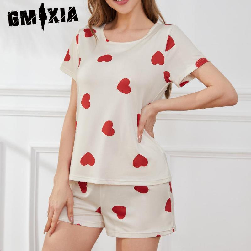 

GMXIA Женская домашняя одежда летняя тонкая с принтом «Любовь» с короткими рукавами и шортами, пижама из двух частей S бежевый