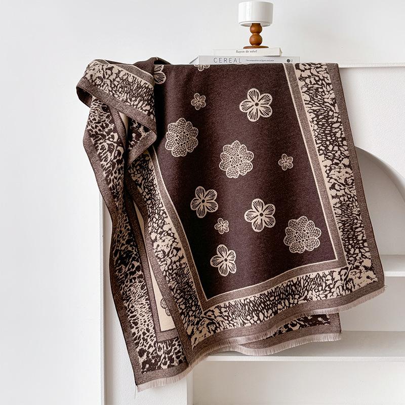imitation cashmere mesh flower plaid retro texture printing double-sided warm scarf shawl outside