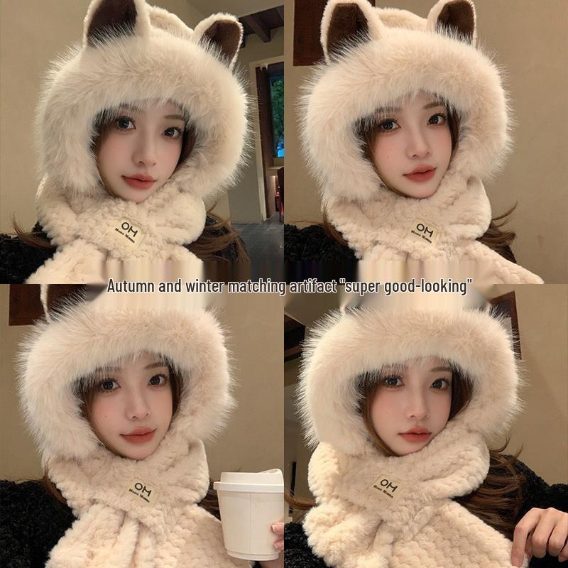 Cute Fox Ears Integrated Hat and Scarf with Plush Neck Warmer and Ear Protection