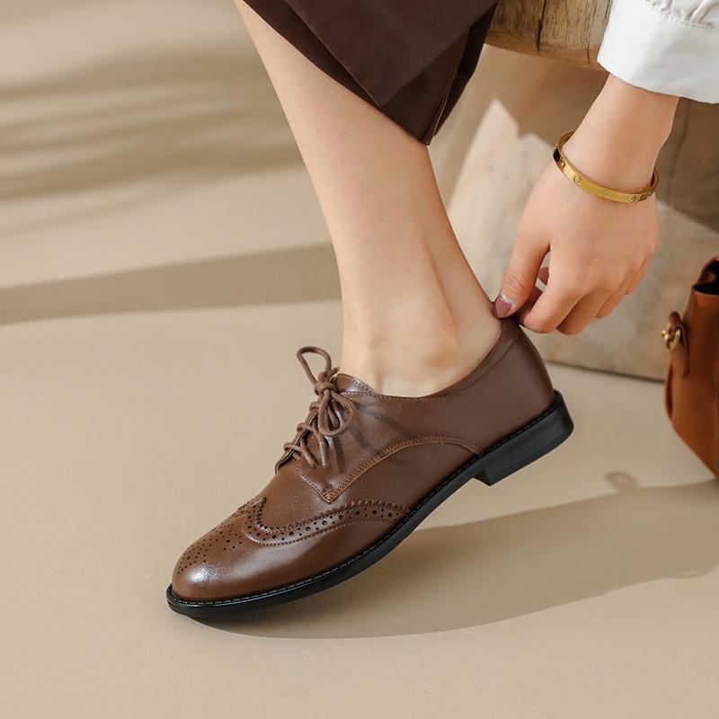 Fashion New Spring 2024 Genuine Leather Loafers Oxford Low Heel Women Shoes Retro Round Toe Pumps Block Leather Shoes Retro Ladies Shoes
