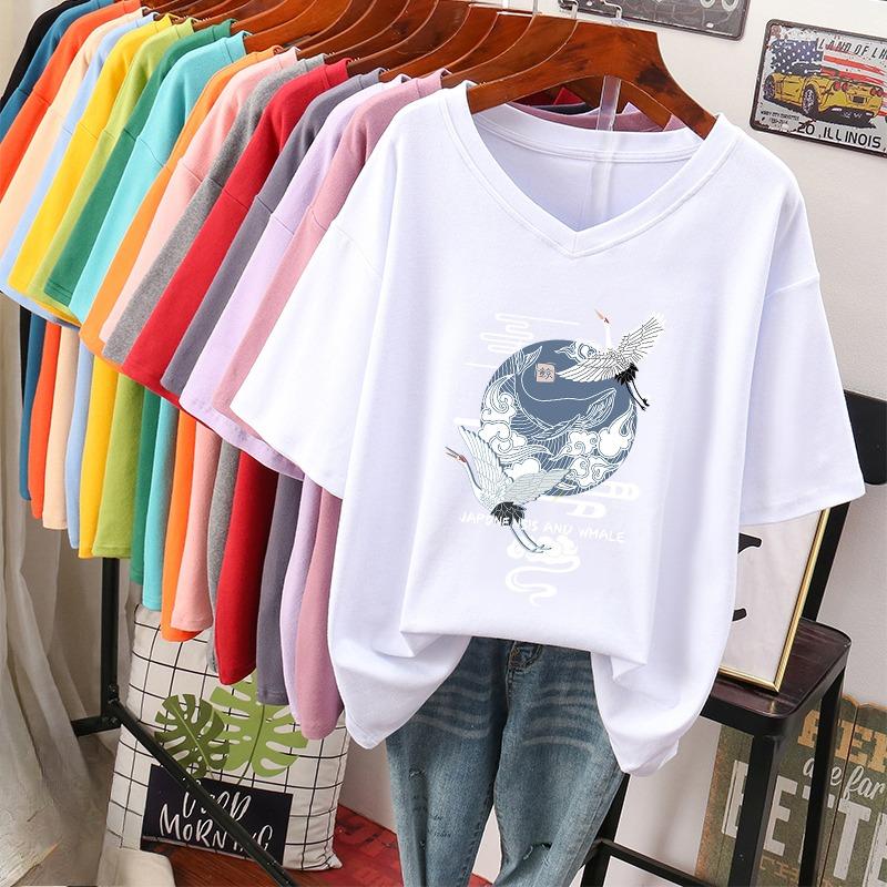Short-sleeved T-shirt, Loose-fitting, Slimming Printed V-neck Top for Women