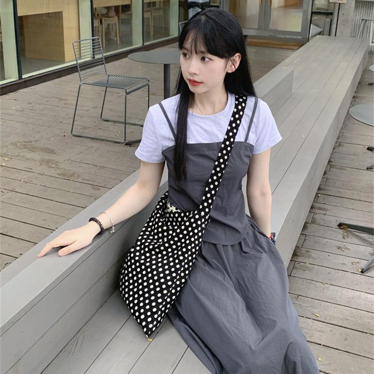 Women's 2024 Summer Sweet Color Block Short Sleeve High Waist Midi Dress Set
