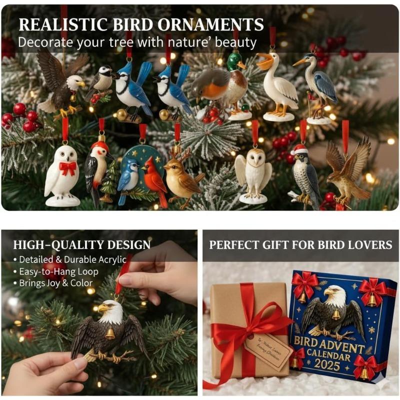 Calendar de Advent Păsări 2025, Calendar de Advent Păsări de Crăciun 24 Zile, Decorațiuni Păsări Plate 2D Acrilice pentru Agățat în Pomul de Crăciun