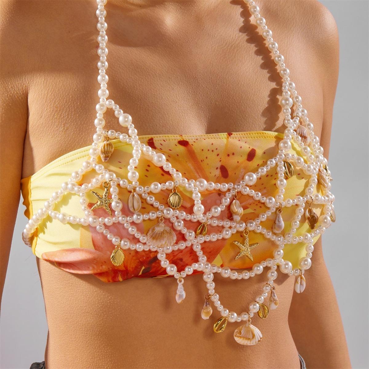 

Starfish Conch Shell Imitation Pearl Rice Beaded Chest Chain For Women Men Summer Beach Sexy Bikini Summer Body Chain Jewelry