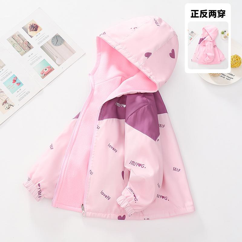 Girls Fleece Lined Windproof Reversible Hooded Kids Casual Outerwear Jacket