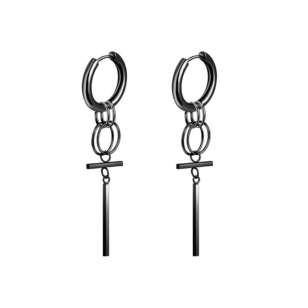 2pcs/set Black Or Silvery Unisex Punk Stainless Steel Cross Cone Feather Chain Pendant Hoop Earrings Ear Stud Jewelry Set