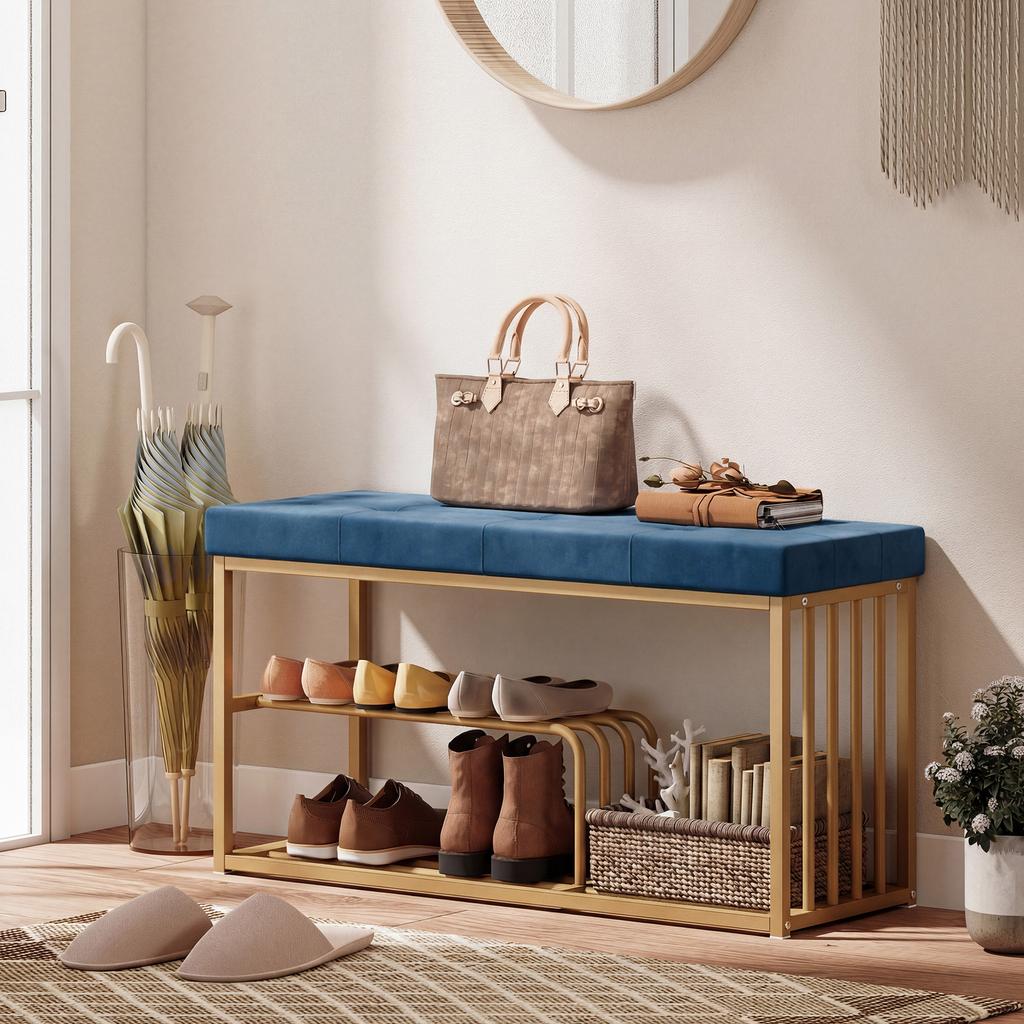 Bench and Shoe Storage, Tufted Shoe Storage Bench with Velvet Seat Cushion Gold Steel Frame for Entryway, Dark Blue