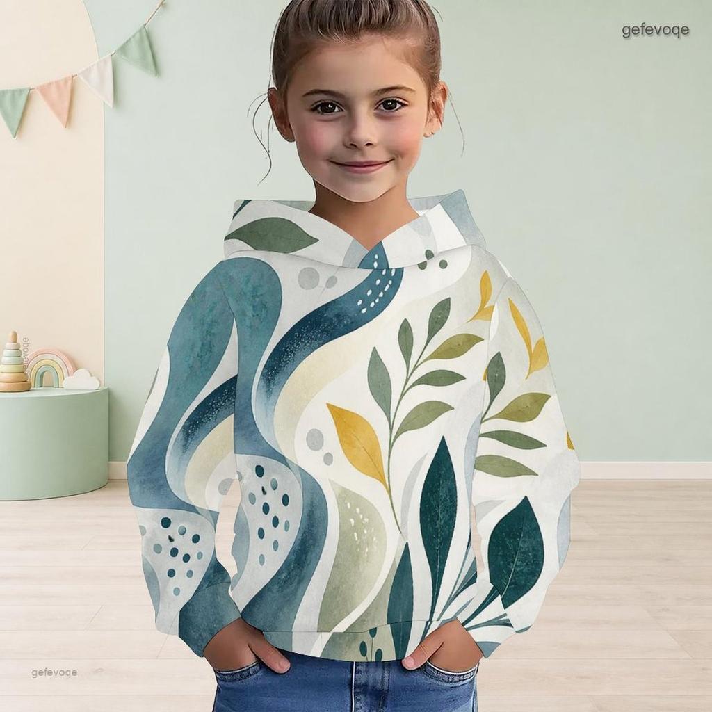 Girls Long Sleeve Hooded Pullover Tropical Leaf Printed Sweatshirt