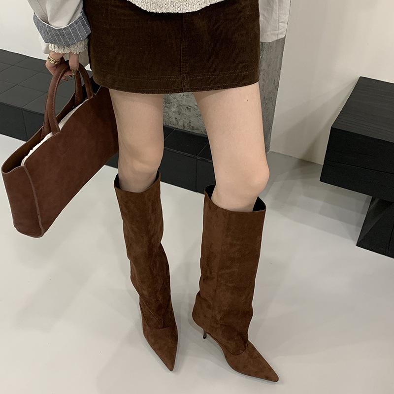 

Aneikeh Autumn Winter Fashion Long Booties Shoes Thin Heels Concise Pointed Toe Pleated Knee-High Boots WomenZapatos De Mujer 40