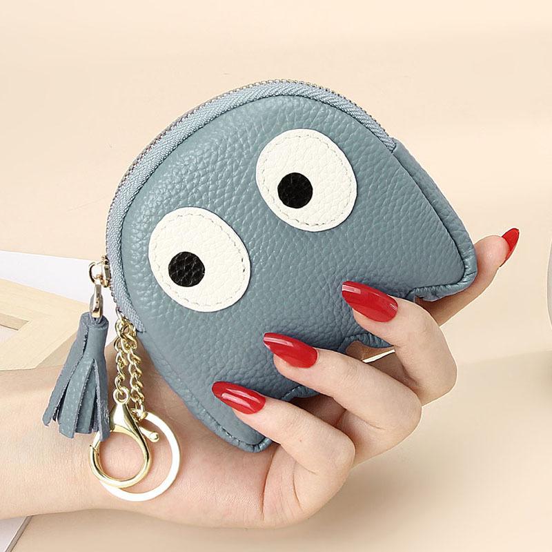 1PC Cute Cartoon Head Layer Cowhide Coin Purse Clutch Mini Creative Zipper Coin Purse Keychain Ladies Coin Purse