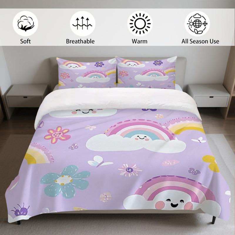 3Pcs Cartoon Sun Cloud Butterfly And Flower All-Season Luxury Bedding Set Ideal For Home Hotel Guestroom Enjoy Comfort