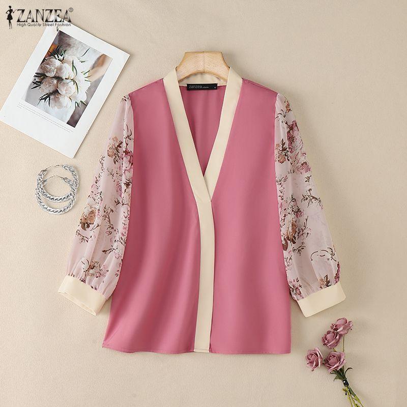 ZANZEA Women Casual V-Neck Print Splice 3/4 Sleeve Blouse