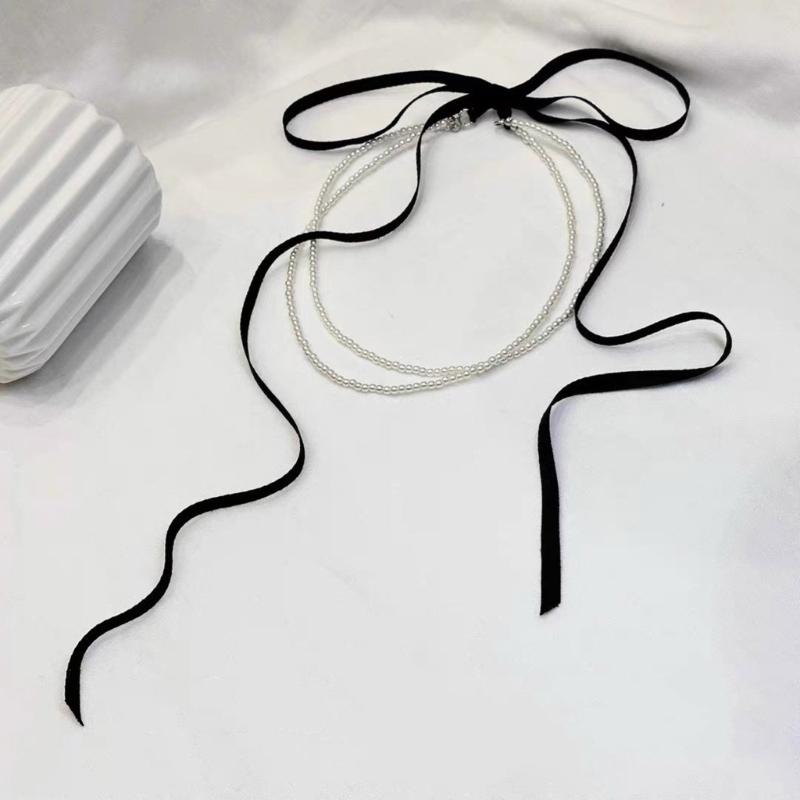 Chic Ribbon Necklace Pendant Necklace Double Layer Necklace Modern Beads Necklace Fashion Neck Jewelry for Fashion Look