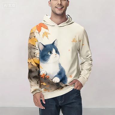 Men's Cat Graphic Print Hoodie Casual Long Sleeve Hoodie for Outdoor Warmth