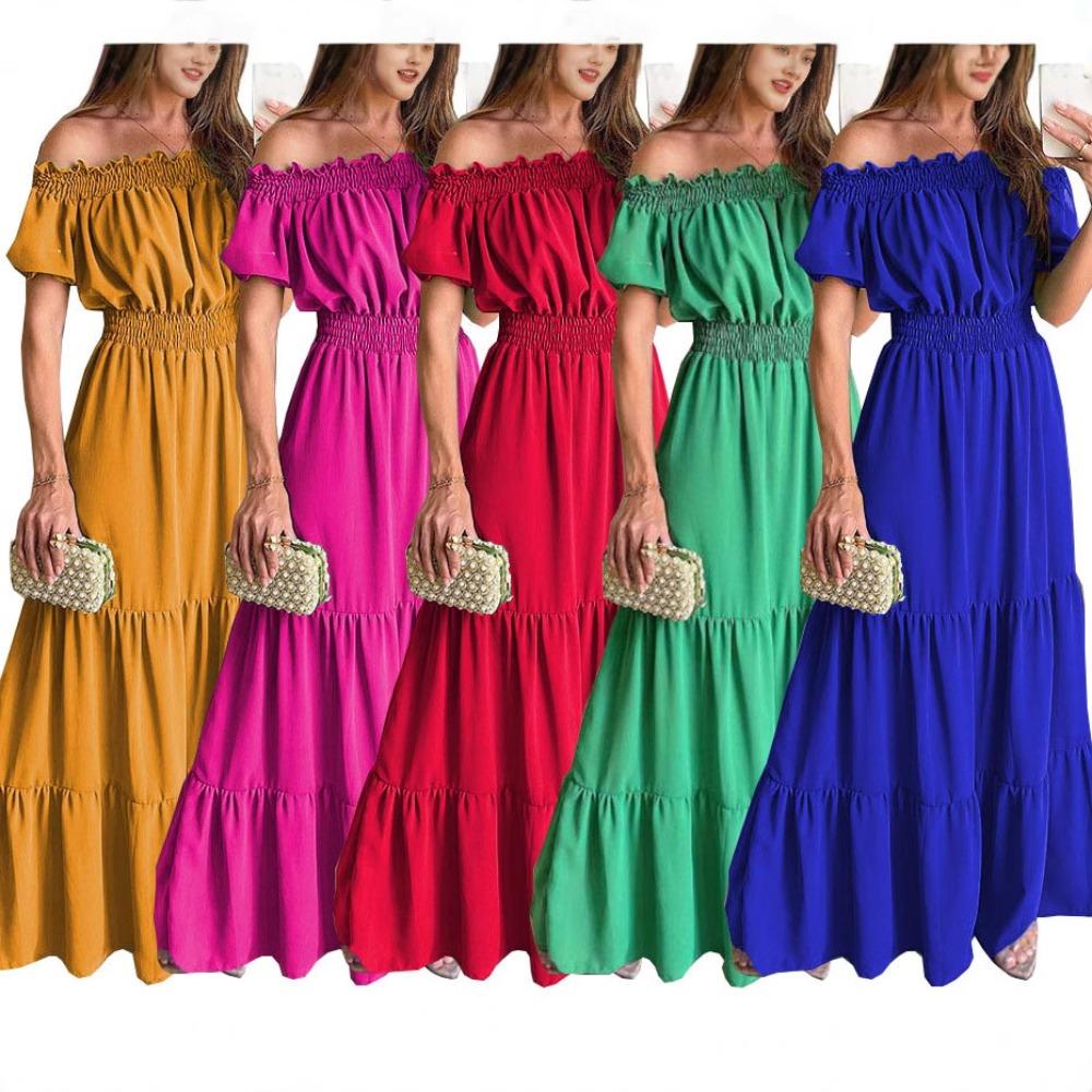 Women's Off The Shoulder Short Sleeve Solid Maxi Dress High Waist Loose Fit Casual Tiered Dress